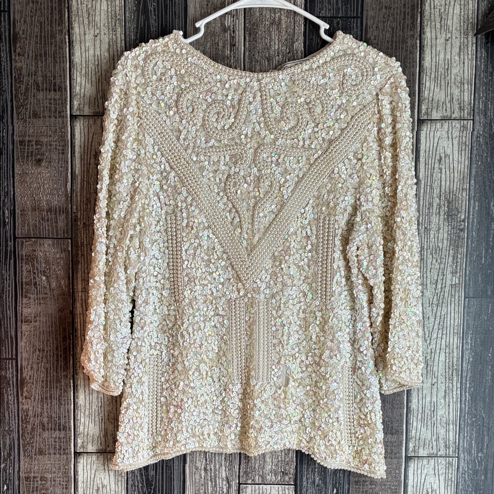 Vintage Cream Sequin Women's Zip Up Blouse